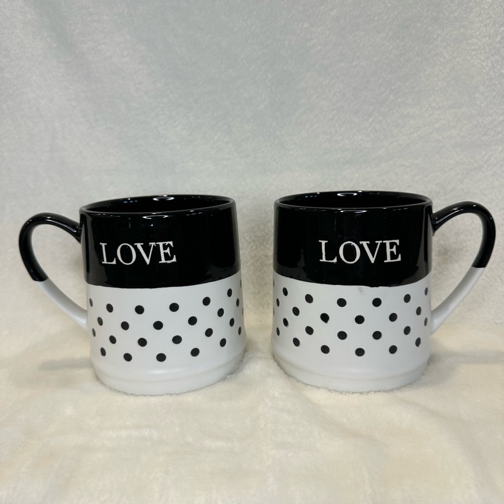 Set of 2 Black & White “LOVE” Polka Dot Coffee Mugs